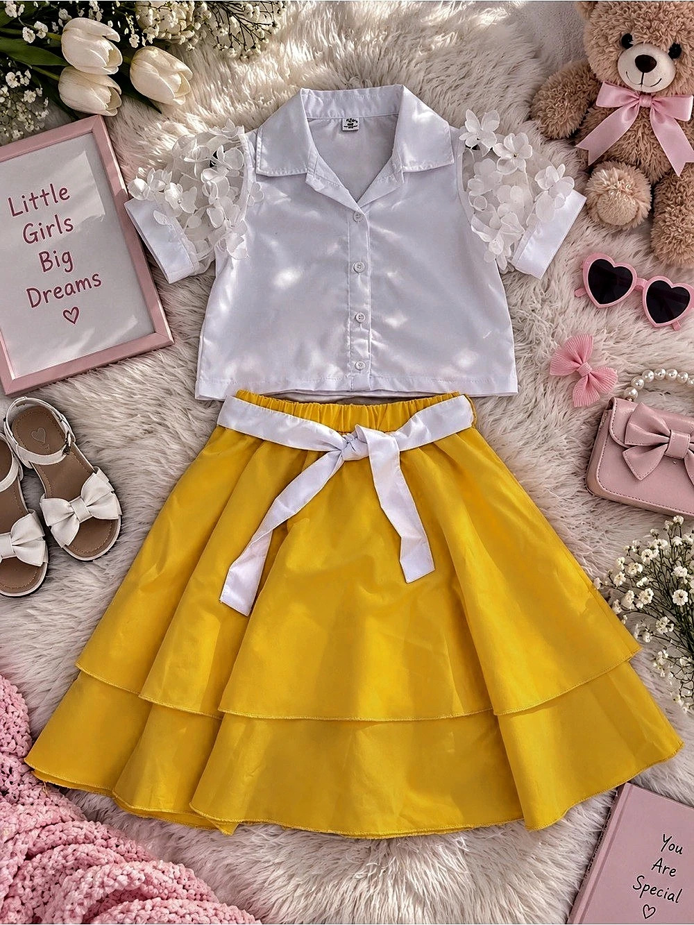 Girls Yellow & White Skirt Set Like New
